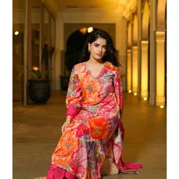KALINI Floral Printed V-Neck Beads and Stones Straight Kurta With Trousers & Dupatta-picture-58