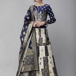 Mr Y Women Navy Blue Printed Semi-Stitched Lehenga with Unstitched Blouse and Dupatta-picture-36