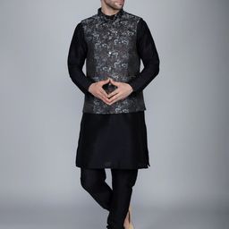 Ethluxis Mandarin Collar Jacquard Weave  Straight Kurta with Pyjama & Nehru Jacket-14