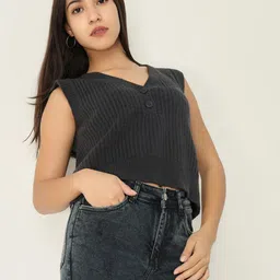 SHOWOFF Women Self Design V-Neck Acrylic Top-picture-2