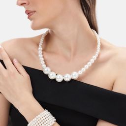 Anouk White Pearl Necklace Earrings and Adjustable Pearl Bracelet Set-image-51