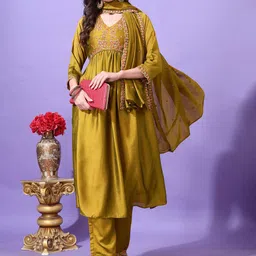 KALINI Floral Yoke Design V-Neck Thread Work Anarkali Kurta With Palazzos And Dupatta-image-36