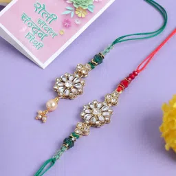 Anouk Set Of 2 Kundan-Studded Floral Rakhi With Roli Chawal & Greeting Card-image-96