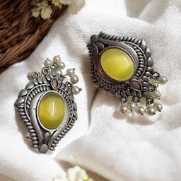Sangria German Silver-Plated Artificial Stone Studded Oxidised Contemporary Drop Earrings-image-32