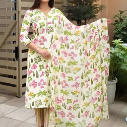 Aaghnya Floral Printed V-Neck Straight Kurta With Trousers & Dupatta-image-33