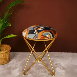 Decoghar Orange-Coloured & Blue Geometric Printed Round Shaped Fabric Cross Metallic Stool-9