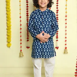 The Magic Wand Boys Geometric Printed Band Collar Pure Cotton Kurta With Pyjamas-57