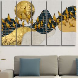 RANDOM White & Gold-Toned 5 Piece Synthetic Wood Birds and Animals Wall Paintings-48