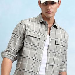 HIGHLANDER Men Spread Collar Tartan Checked Cotton Relaxed Fit Casual Shirt-picture-16