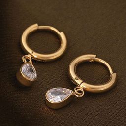 PALMONAS18KT Gold Plated Stainless Steel Cubic Zirconia Solitaire Hoop Earrings-19