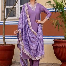 KALINI Floral Yoke Design V-Neck Thread Work Straight Kurta With Trousers & Dupatta-44