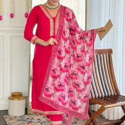 THE52 Women Floral Embroidered Kurta with Trousers & With Dupatta-image-86