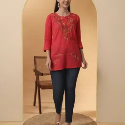 Z HOME Ethnic Motifs Embroidered Pure Cotton A-Line Kurti-image-81