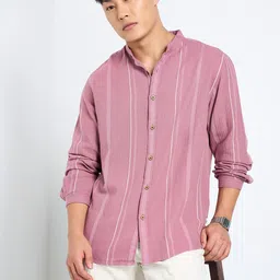 7 Alt by Pantaloons Men Relaxed Fit Band Collar Vertical Striped Cotton Casual Shirt-image-48