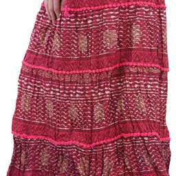 Exotic India Printed Pure Cotton Tired Maxi Skirt-image-88