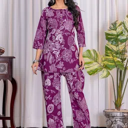 MITTOO Floral Printed Round Neck Three-Quarter Sleeves Pure Cotton Top With Trouser-picture-10