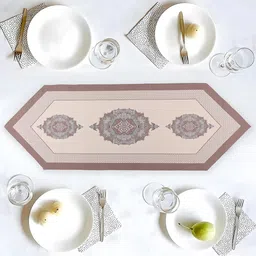 Kuber Industries Cream-Colored & Brown Floral Printed Pure Cotton Table Runner-44
