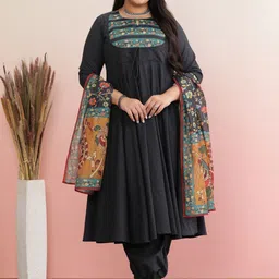 anayna Floral Yoke Design Chanderi Cotton Anarkali Kurta With Dhoti Pants & Dupatta-image-62