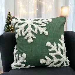 LUSHLYF Evergreen Green & White Snowflake Embroidered Cotton Square Cushion Cover-14