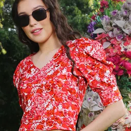 Sera Floral Print Bishop Sleeves Bohemian Crop Top-16