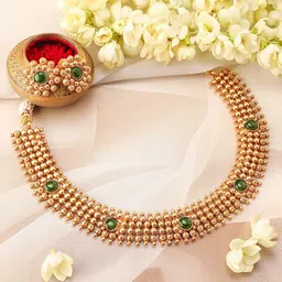 Rubans 22K Gold-Plated Emerald Studded Traditional Choker Necklace Set with Gold Beads-18