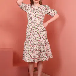 Istyle Can Women Floral Print Round Neck Crepe A-Line Midi Dress With Button Closure-4