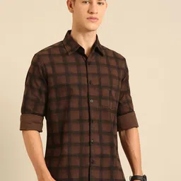 Joven Men Spread Collar Tartan Checked Cotton Casual Shirt-image-8