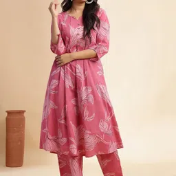 GULMEHAK Women Floral Printed Pleated Round Neck Pure Cotton A-Line Kurta with Trouser-picture-7