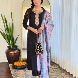 KALINI Ethnic Motifs Embroidered Yoke or Border V-Neck Kurta With Trouser & Dupatta-image-68