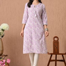HERE&NOW Floral Printed Tie-Up Neck Thread Work Cotton Kurta-5