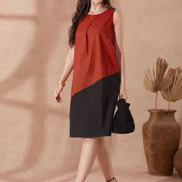 Globus Women Red Round Neck Colourblocked A-Line Knee Length Resort Dress-image-22