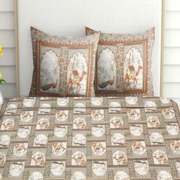 Spangle Beige & White Ethnic Motifs 260 TC King Bedsheet with 2 Pillow Covers-image-34