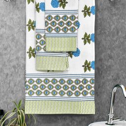 MAFATLAL White & Blue 3 Pieces Ethnic Motifs Printed Cotton 250 GSM Towel Set-15