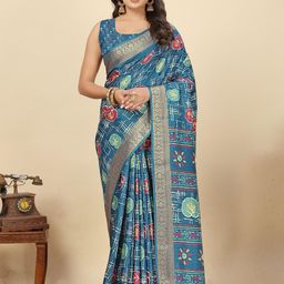 SSHAGUN LIFESTYLE Blue Self Design Checkered Printed Hand Batik Cotton Silk Saree-picture-8