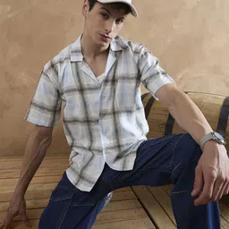 DENNISON Men White and Light Blue Checked Shirt-1