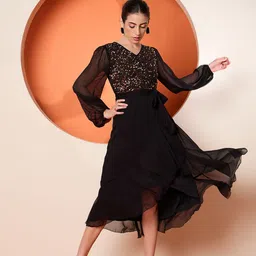 Antheaa Women Embellished Puff Sleeves Midi Fit & Flare Dress-image-12