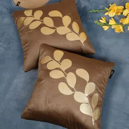 HOSTA HOMES Brown & Cream 2 Pcs Anti-Odour Floral Printed Velvet Square Cushion Covers-13