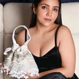 ODETTE Embellished Cutdana And Beard Tassels Work Velvet Potli Clutch-25