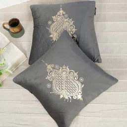 HOSTA HOMES Grey & Gold-Toned 2 Pieces Printed Velvet Square Cushion Covers-image-64