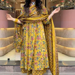 Art Avenue Floral Printed Mirror Work Pure Cotton Anarkali Kurta with Trousers & Dupatta-15
