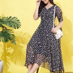 ANVI Be Yourself Animal Print Puff Sleeve Chiffon Fit & Flare Midi Dress-image-69