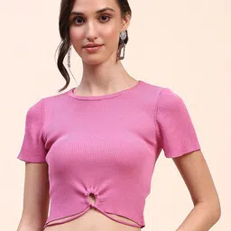 CAMLA Women Self Design Round Neck Slim Fit T-shirt-image-12