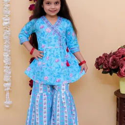 Aj DEZInES Girls Floral Printed Angrakha Pure Cotton Kurta with Sharara-picture-39