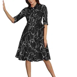 ODETTE Women Abstract Printed Cotton Shirt Collar Roll-up Sleeves Knee Length Shirt Dress-image-11