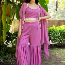 HOUSE OF JAMOTI Shoulder Straps Sleeveless Top With Sharara & Shrug-image-61