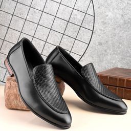 house of pataudi Men black slip on semi formal officewear moccasins textured penny loafers shoes Slip On For Men-picture-43