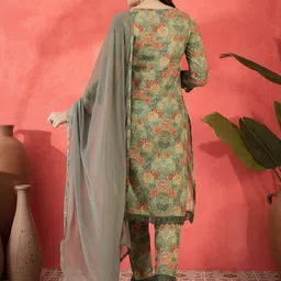 Sangria Floral Printed Lace-Up Detail Pure Cotton Straight Kurta With Trousers & Dupatta image 2