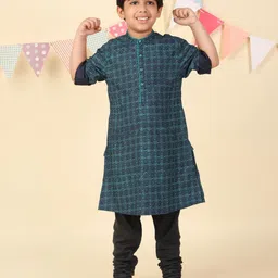 Fabindia Boys Geometric Printed Band Collar Roll-Up Sleeves Straight Kurta-1