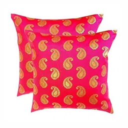 Pink Parrot Pink & Gold-Toned 2 Pieces Ethnic Motifs Jacquard Silk Square Cushion Covers-image-20