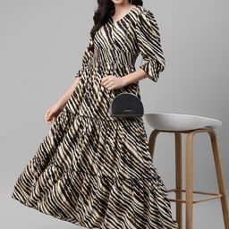Raiyani Fashion Women Striped Print V-Neck Tiered Fit & Flare Maxi Dress-picture-16